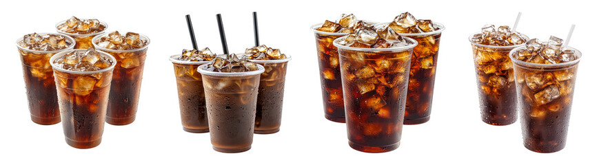 Refreshing Iced Beverages in Clear Cups with Ice and Straws, PNG bundle collection, Isolated on Transparent Background