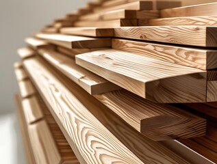 Wooden planks stacked in a uniform, geometric pattern creating a modern architectural background with natural texture and symmetry, ideal for design, carpentry, or construction themes

