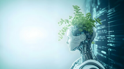 Artificial Intelligence Symbolized By A Female Robot With Growing Plants Highlighting The Harmony Between Nature And Technology In A Futuristic