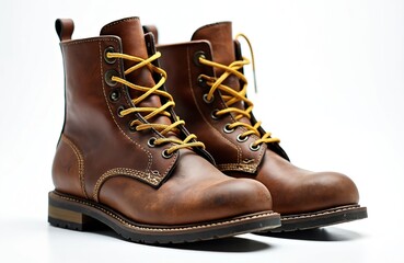 Close-up of pair of brown leather working boots with yellow laces isolated on white background. Stylish worn footwear. Fashionable old-fashioned shoes. Sturdy vintage hiking boots. Protective