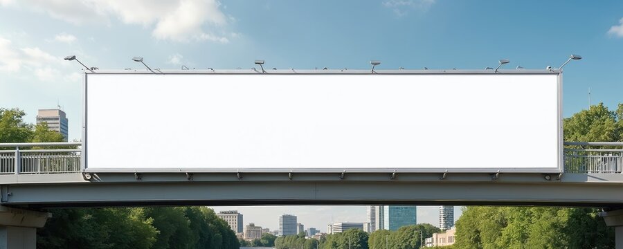Long white vinyl banner on metal bridge for public outdoor advertising. Blank billboard facade for marketing space. Urban cityscape, blue sky. Isolated signage over road with copy space. Promotion in