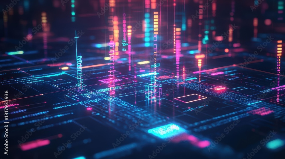 Poster intricate computer circuitry illuminated by vibrant neon lights creating a futuristic and dynamic at