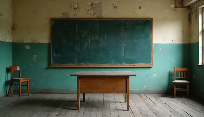 View of deserted classroom with worn chalkboard, wooden desks and aged walls in abandoned school setting. Faded interior, rustic furniture and peeling paint create nostalgic quiet academic atmosphere.