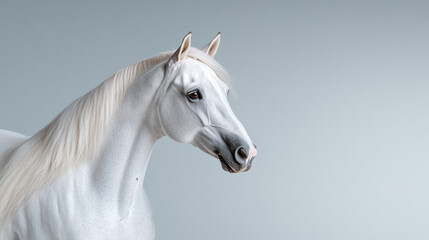Majestic white horse posed gracefully against a soft gray background highlighting its elegant stance and beauty