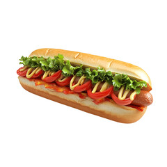 Hot dog with mustard and tomatoes is on transparent background