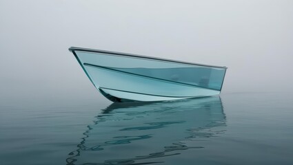 Fototapeta premium Glass Boat on Calm Water: A minimalist boat, crafted from translucent glass, floats serenely on a calm body of water, creating a dreamlike atmosphere within the embrace of a misty atmosphere.