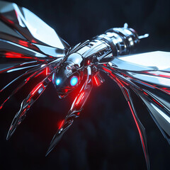 Futuristic high-tech dragonfly sculpted from polished titanium, embodying sleek engineering and innovative biomimetic design aesthetics