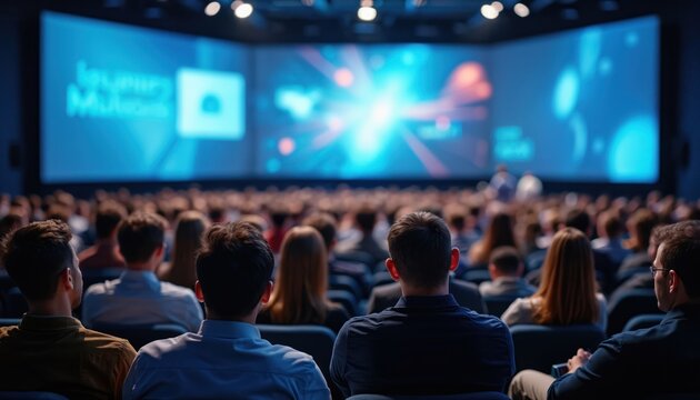 Audience watches large projection at tech conference, engaged in presentation, sitting in auditorium. Event features projector, screen, shows modern presentation style, conference spirit, modern