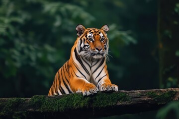 Majestic Tiger Gracefully Perched on a Tree Branch Surrounded by Lush Greenery Under Soft Sunlight Evoking a Sense of Wild Serenity and Power