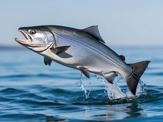 Obraz premium Leaping Salmon: A powerful salmon leaps out of the water, its silver scales gleaming in the sunlight, creating a dynamic splash as it battles the current.