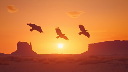 Three Birds Silhouetted Against a Vibrant Orange Sunset Over a Desert Canyon