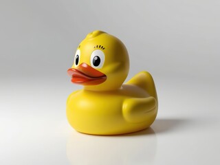 Smiling Rubber Duck: A charming and vibrant yellow rubber duck, a classic symbol of bath time fun and childhood nostalgia, is rendered with a realistic, high-quality aesthetic, 3d rendering