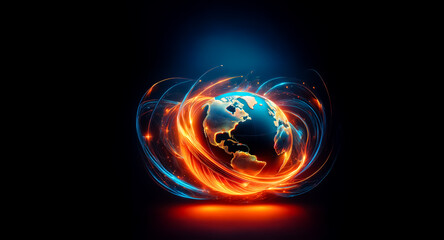 Fototapeta premium Vibrant globe illuminated with flowing orange and blue light trails against a dark backdrop. Dynamic energy and global connectivity are visually represented.