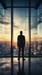 Fototapeta premium Ceo gazing at city skyline through tall glass window, embracing leadership and vision