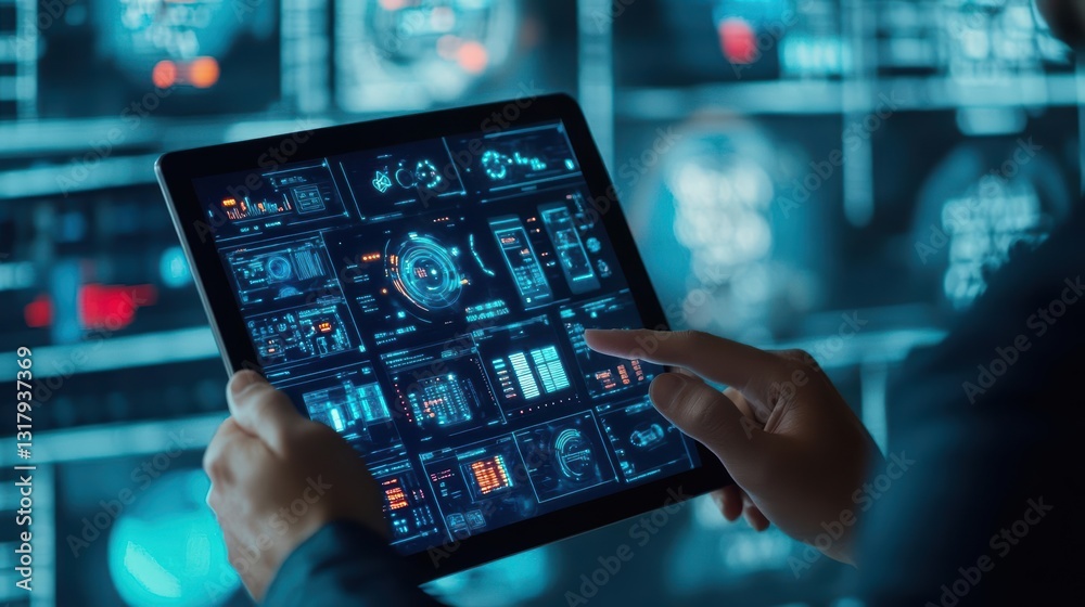 Poster futuristic tablet interface displayed by individual in modern setting highlighting technology innova