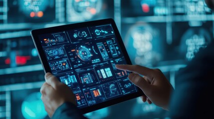 Futuristic Tablet Interface Displayed by Individual in Modern Setting Highlighting Technology Innovation and User Interaction in Digital Era