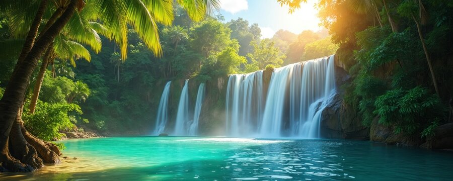 Turquoise water lagoon, tropical waterfall on sunny day. Nature landscape scenery with palm trees, green jungle forest. Exotic summer travel vacation to paradise island, clear sky, sunbeam backdrop.