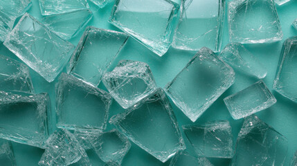 Abstract close-up of broken glass with fragments and reflective surfaces creating a unique textural design