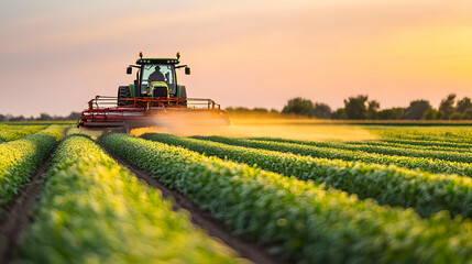 Fototapeta premium Red Tractor Spraying Crops In Green Field During Golden Hour Sunset In Rural Farmland