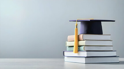 Academic Graduation Cap with Golden Tassel on Stacked Books Against Gray Backdrop