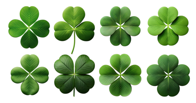 Various Green Four-Leaf Clover Leaves Isolated on Black Background, PNG bundle collection, Isolated on Transparent Background