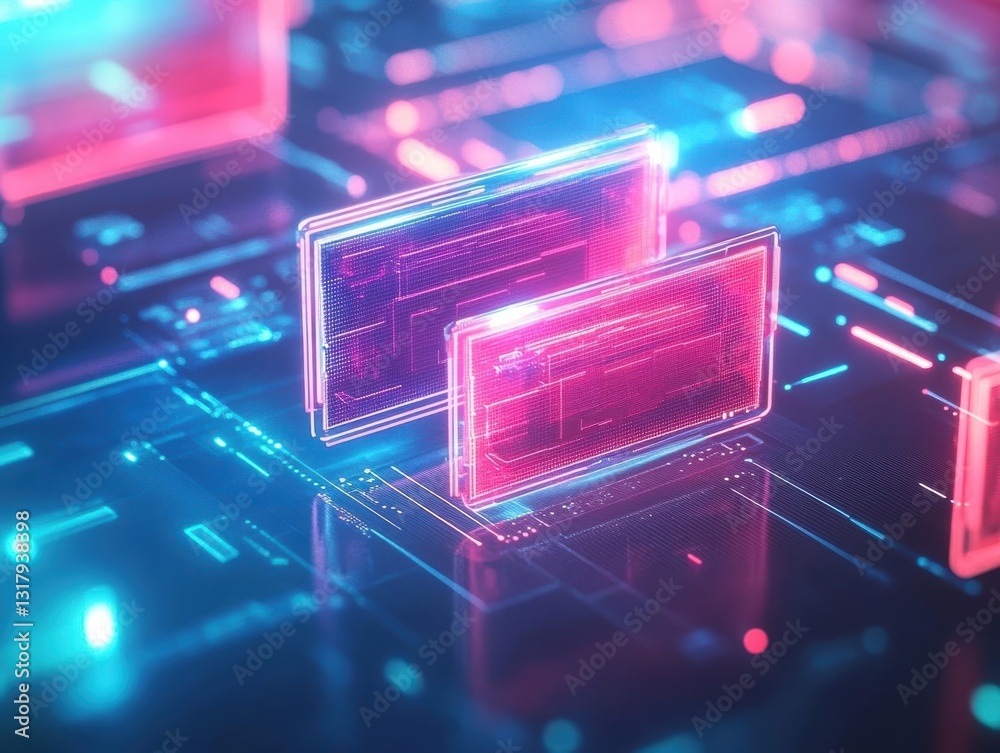 Poster intricate computer processor illuminated by vibrant red and blue lights showcasing advanced technolo