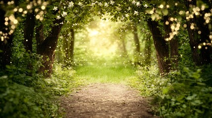 Enchanted Forest Path: Sunlit Green Trees and Magical Sparkles