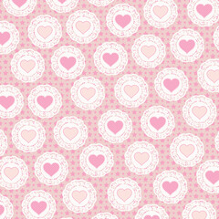 Cute pink heart pattern with doily lace circles and star background. Sweet Valentine seamless design ideal for children’s prints and scrapbook crafts.