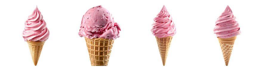 Assorted Pink Ice Cream Cones with Swirls and Scoops on White Background, PNG bundle collection, Isolated on Transparent Background