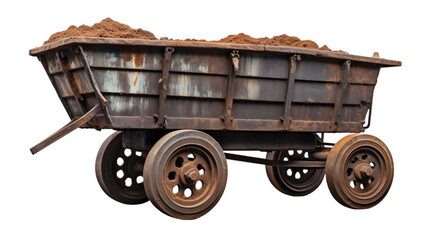 A weathered and rusty farm cart filled with dirt, showcasing its old design and heavy-duty wheels, perfect for agricultural or rural-themed projects.