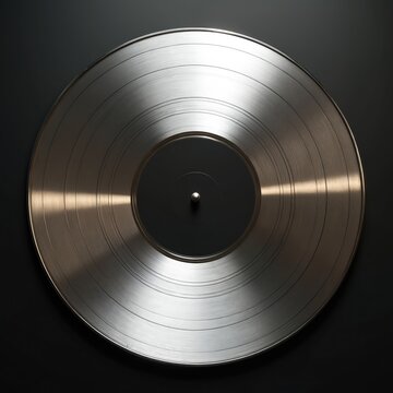Close-up of platinum record on dark surface. Silver vinyl disc representing musical achievement, audio industry success. Shiny circle shape design for music production studio, audio entertainment