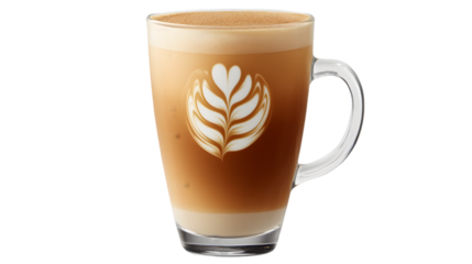 A close-up of a beautifully crafted latte with a heart-shaped design made from frothy milk, ideal for coffee lovers and café-related themes.