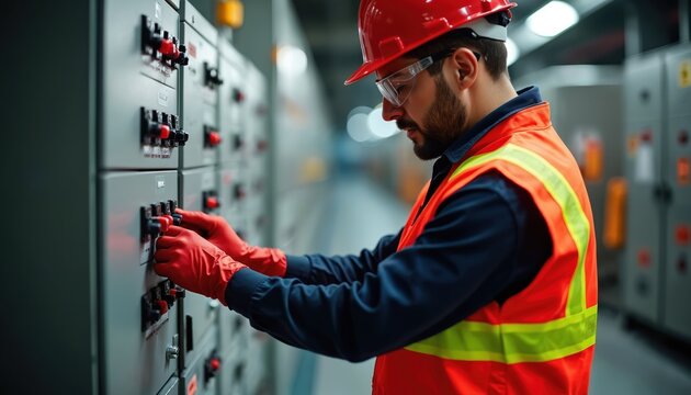 Electrician wearing safety glasses, red hard hat, reflective orange vest closes electrical cabinet in industrial control room using lockout tagout procedure. Worker secures energy source. Safety at