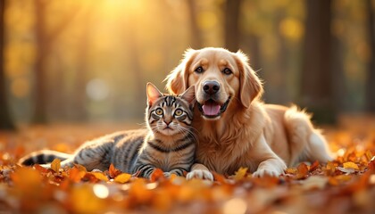 Cute golden retriever dog and tabby cat posing together in autumn forest. Adorable pets lying among fallen leaves. Best friends portrait, happy animals, doggy, kitty, friendship, love, care in fall.