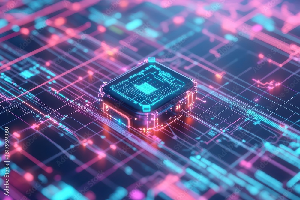 Poster vibrant computer chip on intricate circuit board surrounded by dynamic blue and pink background crea