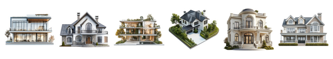 Modern Architectural Designs Showcasing Diverse House Styles, PNG bundle collection, Isolated on Transparent Background