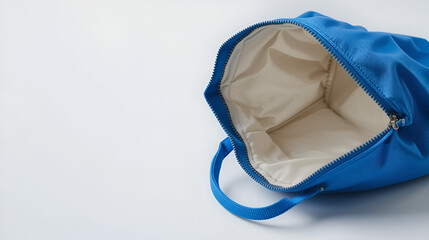 Open blue bag on white background.