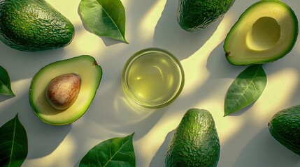 Fresh Avocado Oil in Glass Bowl Isolated On White Background Top View Flat Lay
