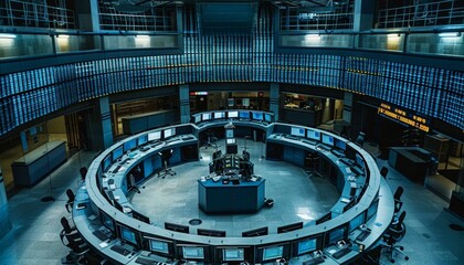 Futuristic stock market trading floor featuring advanced ai driven trading platforms and technology