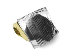 One crumpled tin can isolated on white, top view