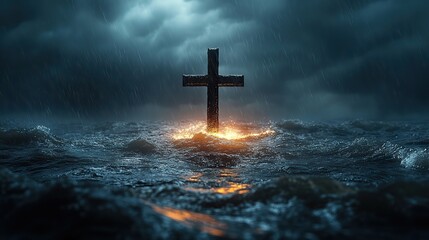 Fototapeta premium cross in the ocean with stormy sky background