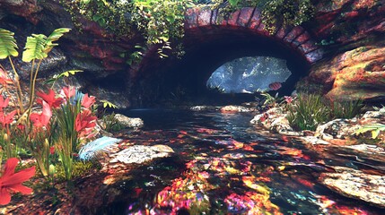 Enchanted Stream Flowing Through a Stone Archway