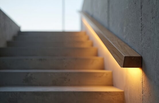 Wooden handrail with recessed yellow LED strip illumination on concrete staircase. Hidden built-in warm light lamp beneath banister. Modern minimalistic design solution with stairway steps.