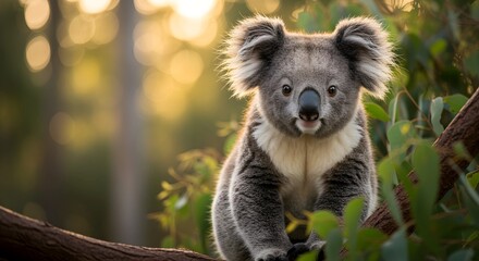 Obraz premium A close-up of a cute koala sitting on a tree branch, surrounded by a lush forest with a soft bokeh background and golden morning sunlight filtering through the leaves