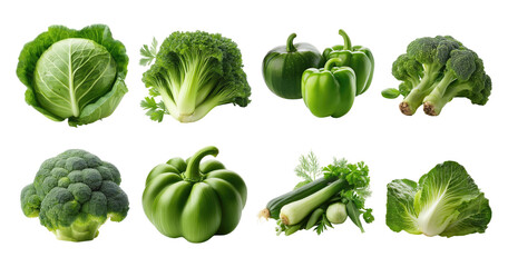 Fresh Green Vegetables on White Background for Healthy Eating, PNG bundle collection, Isolated on Transparent Background