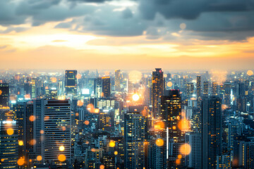 Obraz premium Stunning panoramic cityscape at sunset, glowing city lights, bokeh effect, modern architecture, urban landscape.
