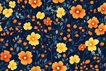 Beautiful floral pattern in small abstract flowers. Small yellow and orange flowers. Navy Blue background. Ditsy print. Floral seamless background. The elegant the template for fashion prints.