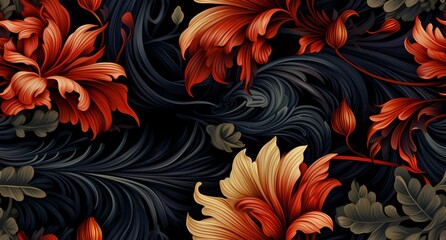 a floral pattern with red, orange and black leaves