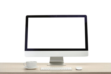 Fototapeta premium Computer monitor, keyboard, mouse and cup of drink on wooden desk against white background