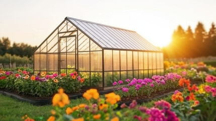 Obraz premium beautiful greenhouse surrounded by vibrant flowers at sunset, creating serene gardening atmosphere